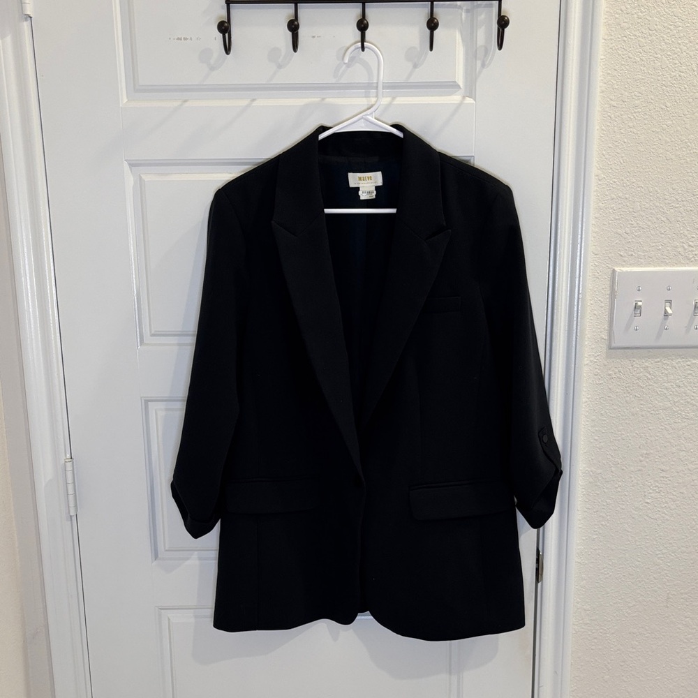 Maeve Anthropologie Black Tailored Blazer Jacket Roll Tab Sleeve Work Career